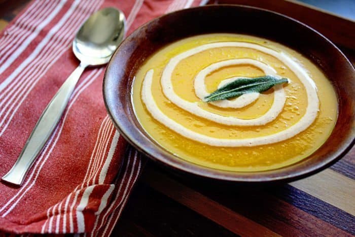 Roasted Butternut Squash and Apple Soup with Cinnamon Crème Fraîche