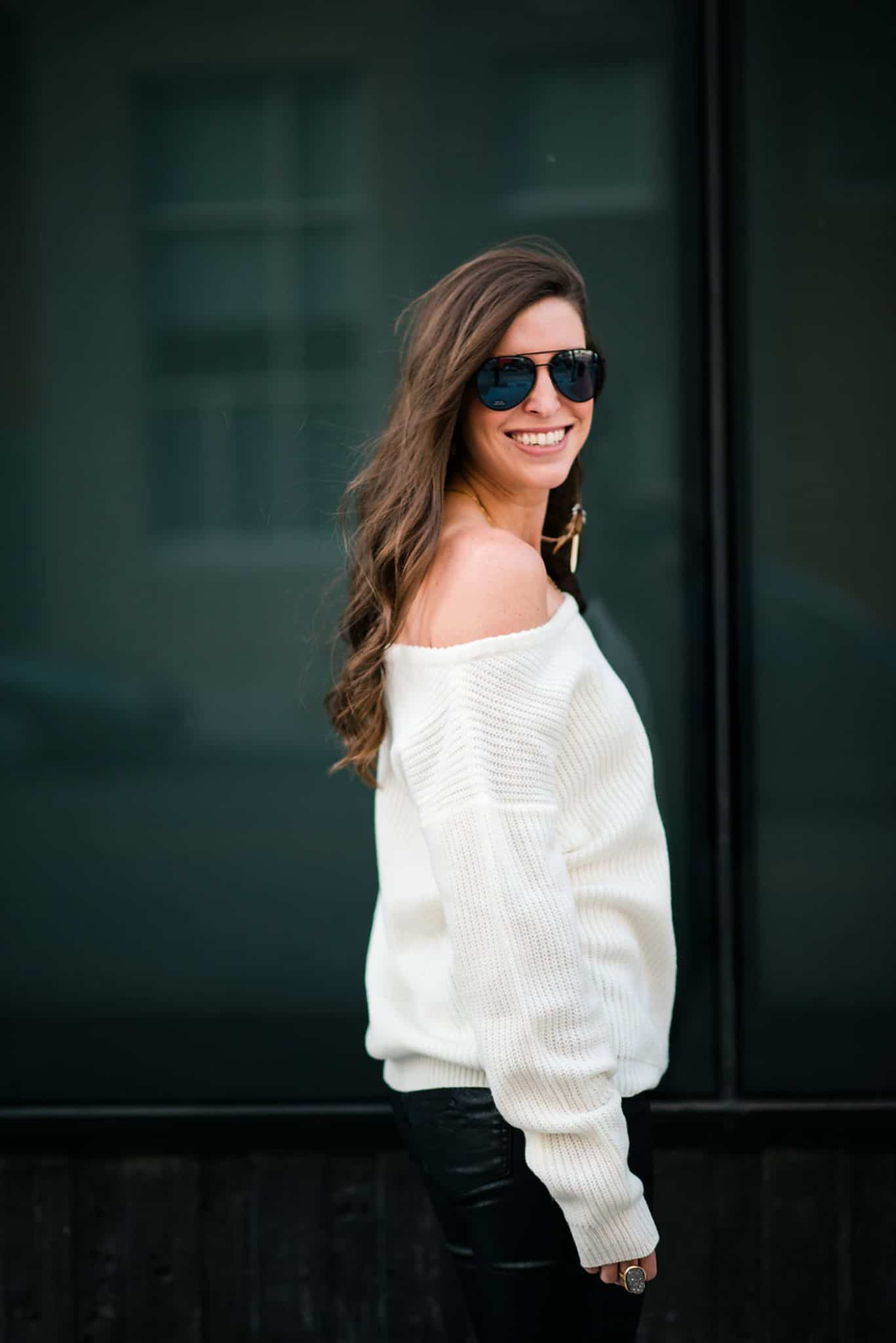 Off The Shoulder White Sweater and Leather Pants