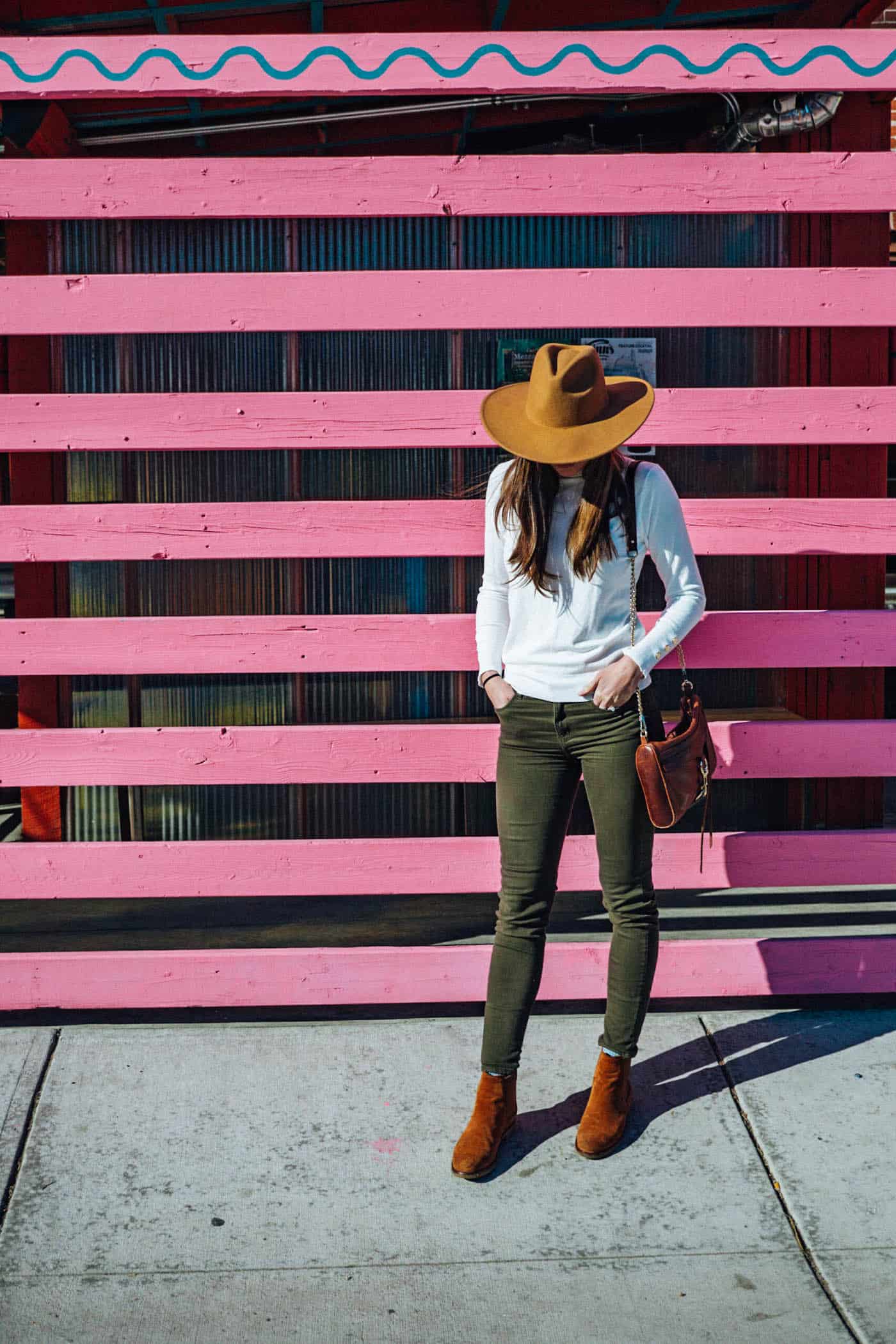 White Turtle Neck, Green Pants, Clarks Booties and Tan Hat