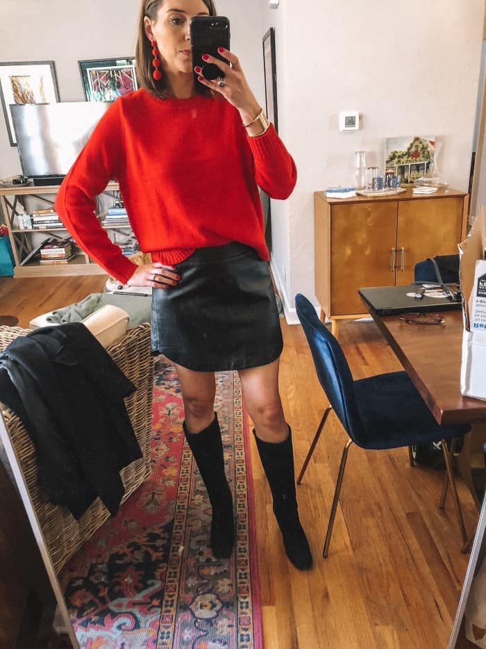 Holiday Look - Red sweater and BB Dakota Leather Boot with Wedge Boots