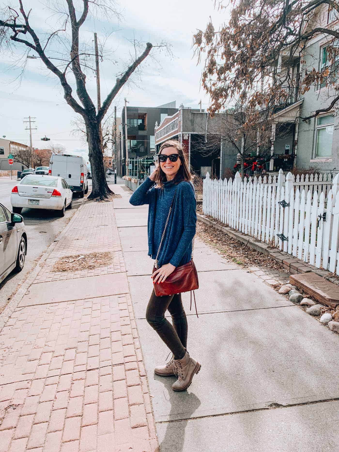 Denver Blogger wearing Evereve Heather Cowl Neck Blue Pullover with H&M Green Pants and Timberland Boots