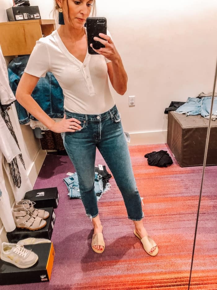 white ribbed bodysuit with AGOLDE Jeans