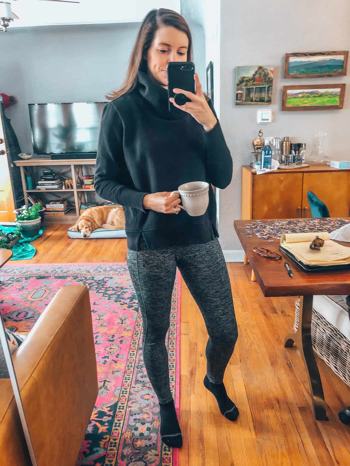 Alo Funnel Neck Pullover and Old Navy Leggings