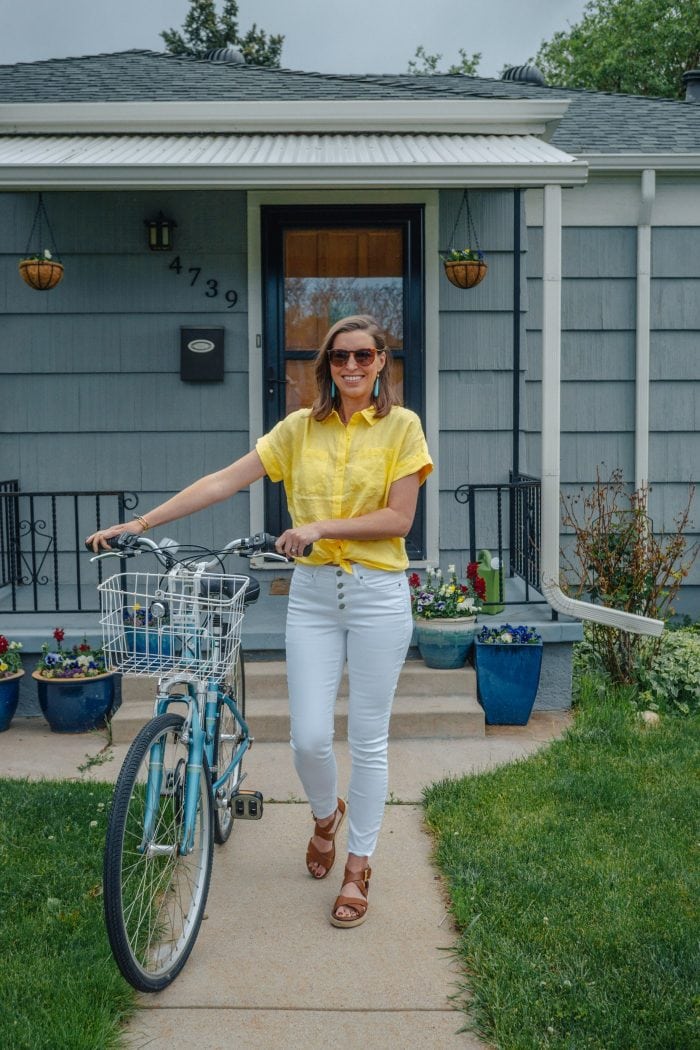White Button Front Jeans with Yellow Tie Front Shirt for Summer