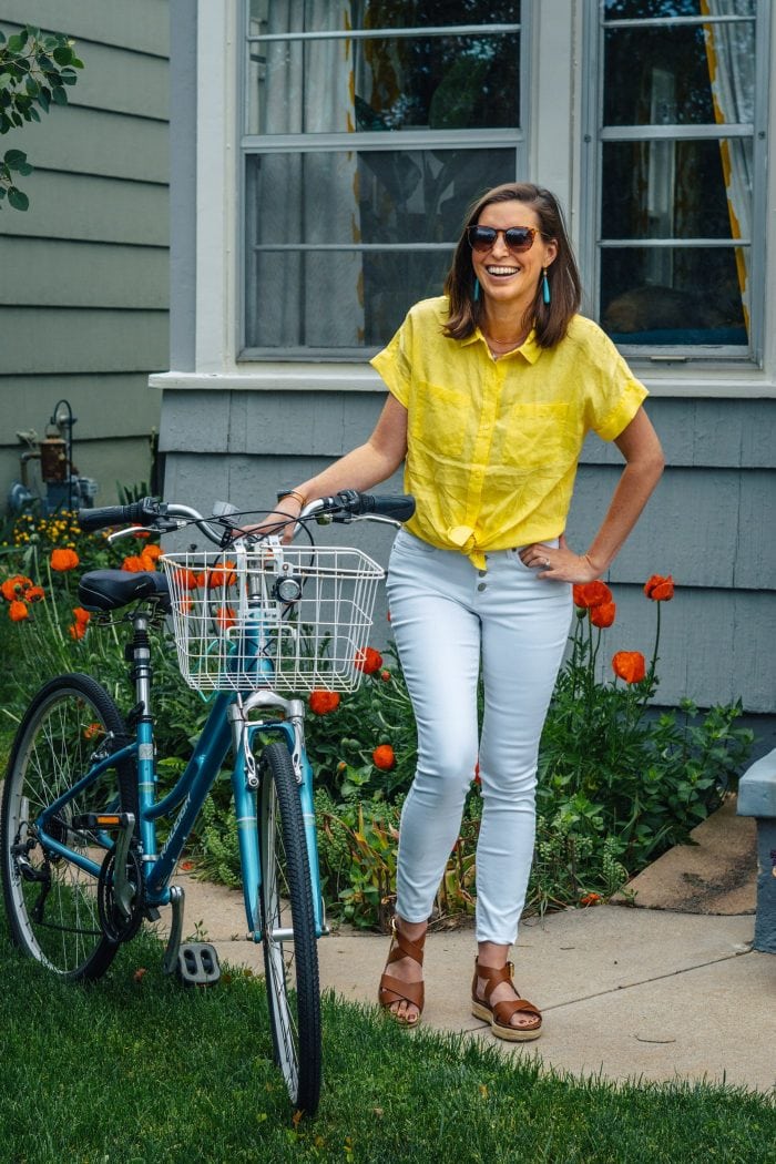 White Button Front Jeans with Yellow Tie Front Shirt for Summer