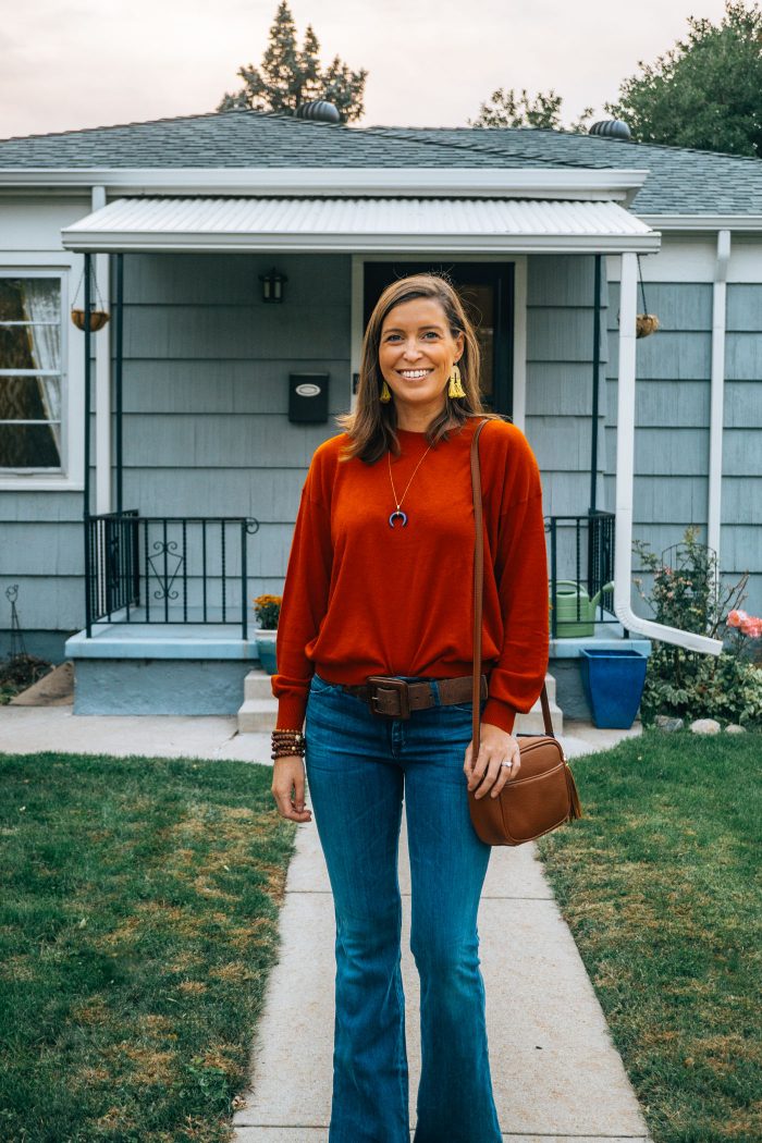 Fall Look Orange Sweater and Flares