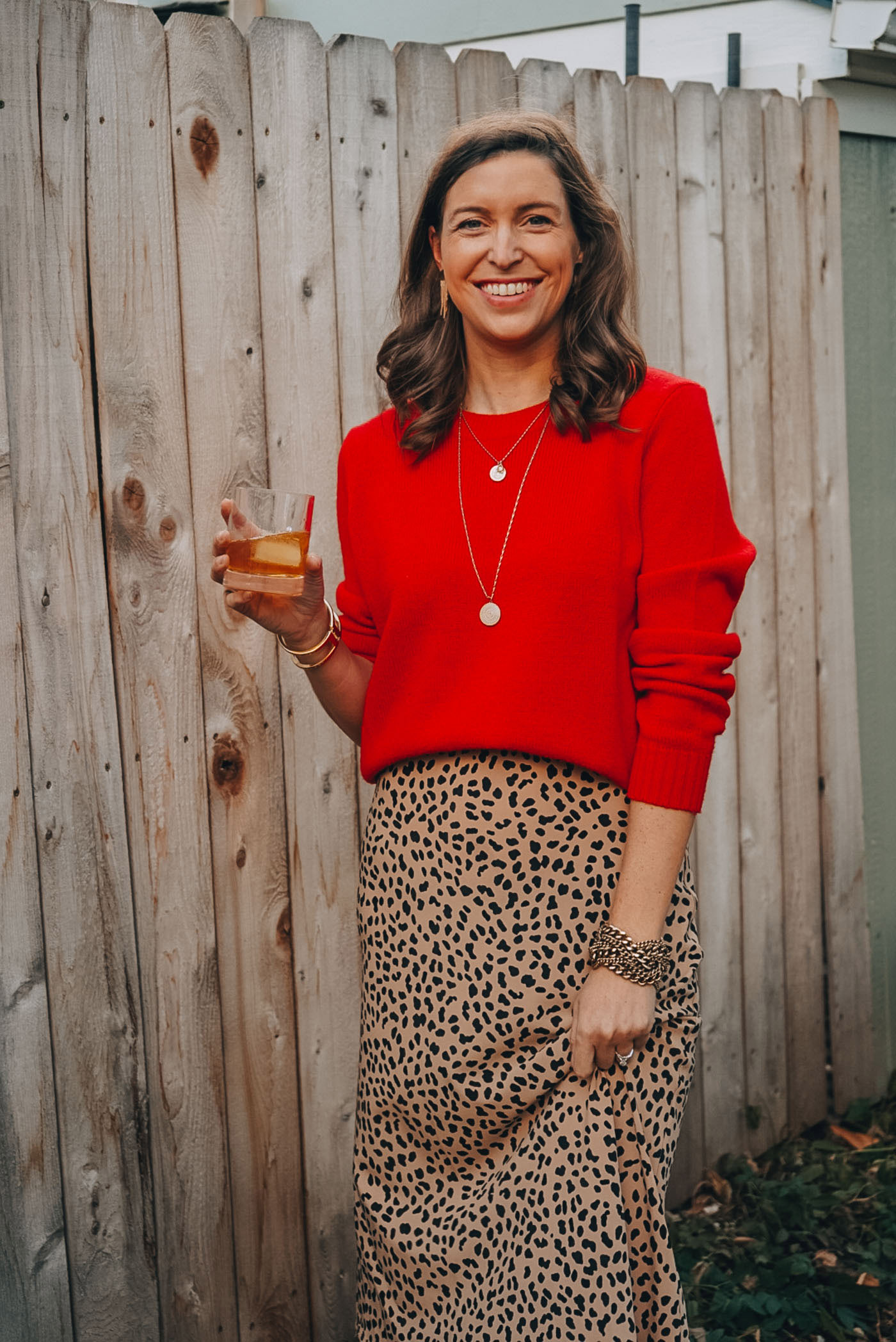 Red Sweater + Leopard Print Midi Skirt - Holiday Look